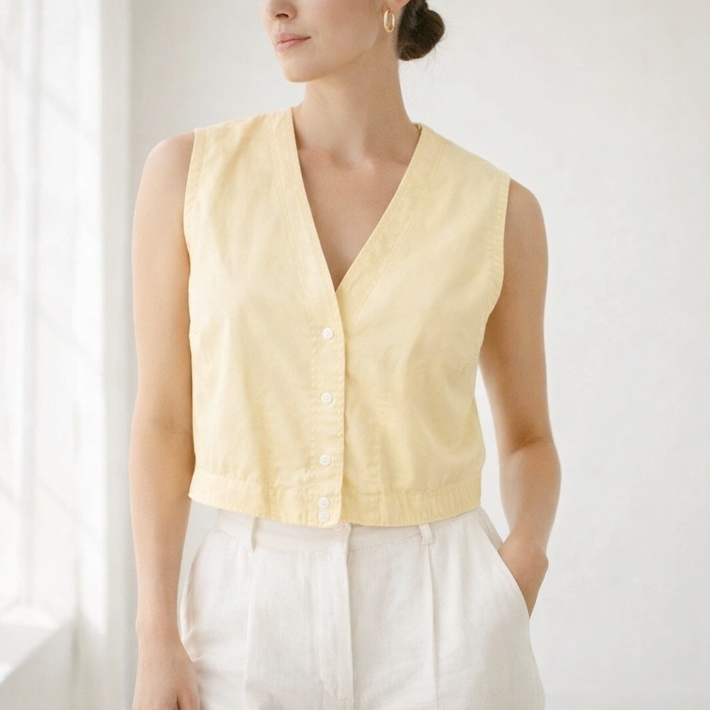 VTG 90s Cristin Stevens Yellow Button Up Vest Medium‎ Boxy Crop V-Neck Elastic